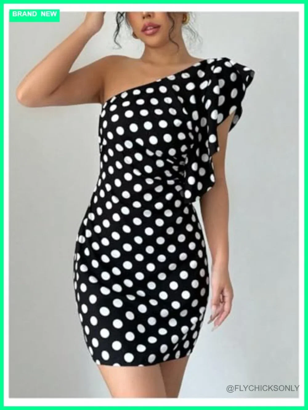 Women's Polka Dot Ruffle One Shoulder Bodycon Mini Dress